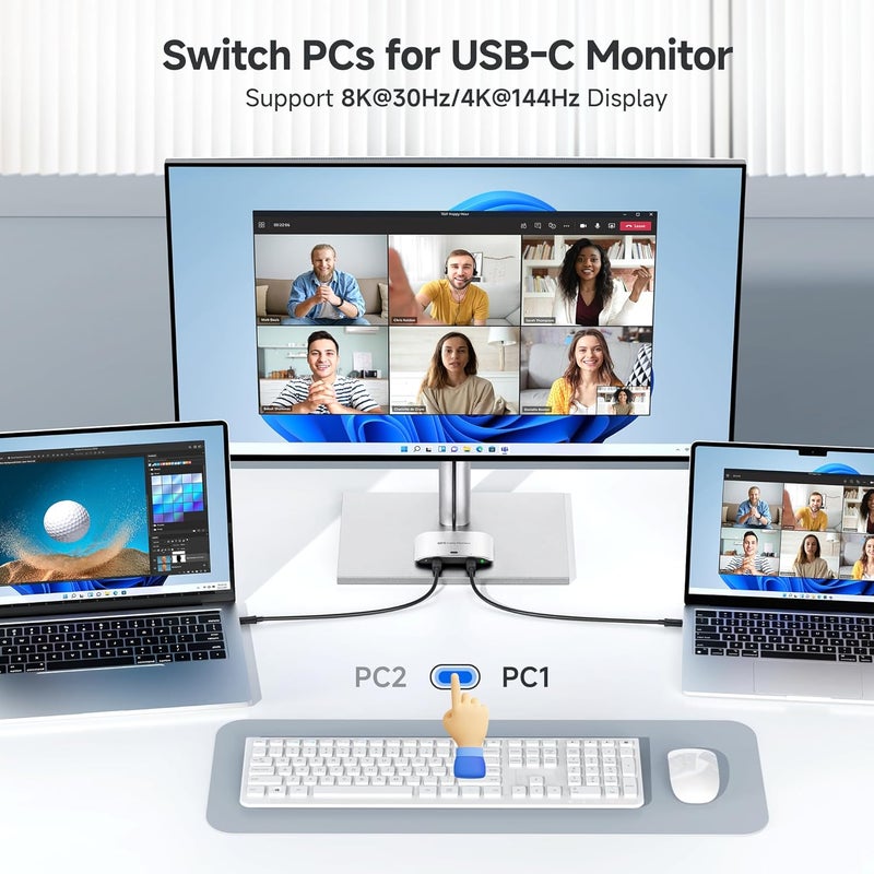 CableMatters مفتاح USB C بسرعة 20Gbps لجهازين كمبيوتر، حتى 8K@30Hz على نظام ويندوز، 4K@60Hz على نظام macOS، 140W PD، لمشاركة شاشة USB-C/Thunderbolt 4 أو محطة إرساء (ليس لمحطة إرساء مع كابل متصل) - Image 3